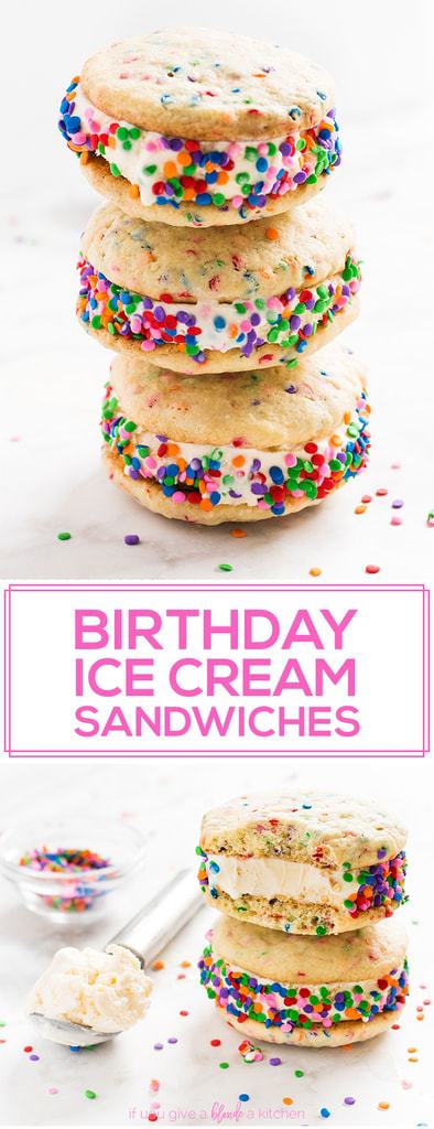 Birthday cake ice cream sandwiches are the BEST birthday dessert. Sprinkle sugar cookies and ice cream are sandwiched together and covered in sprinkles for a sweet treat. Make them for kid's birthday parties, summer vacations or for a weekend girls night!