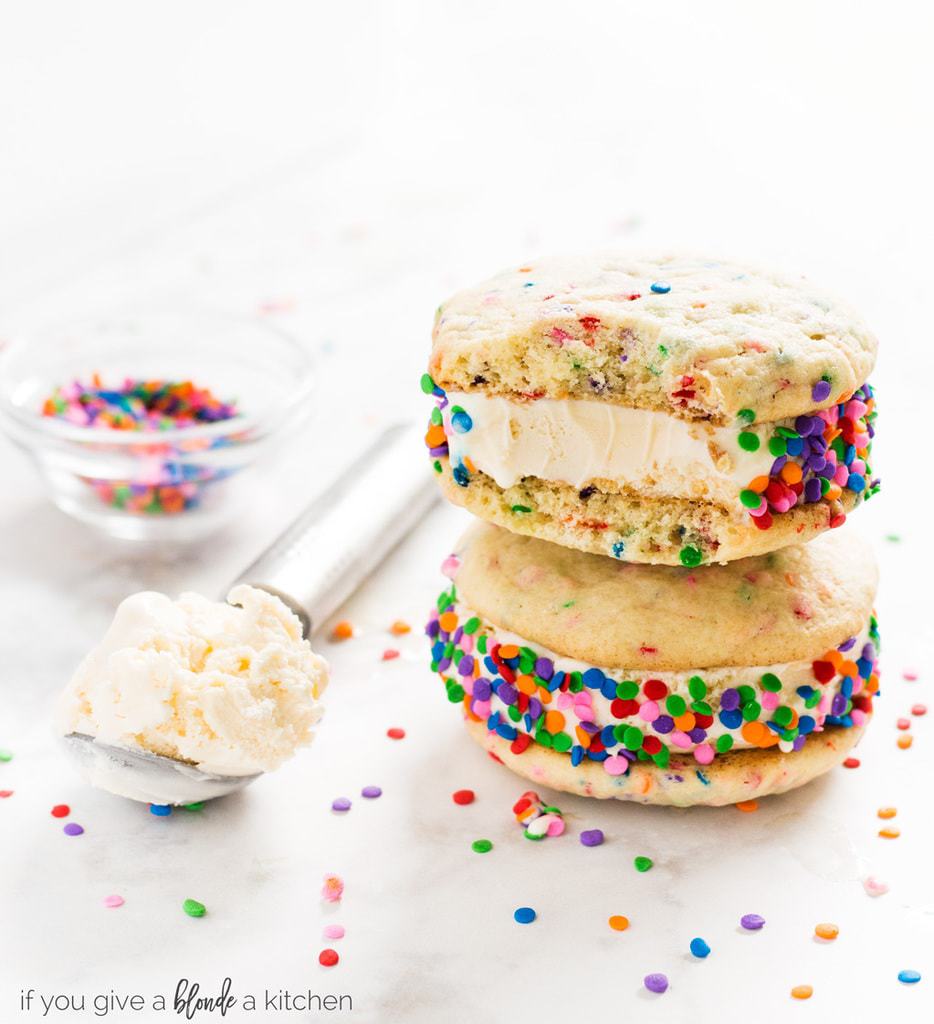 Birthday cake ice cream sandwiches are a delicious summer dessert. Cover the ice cream with sprinkle for extra fun! | www.ifyougiveablondeakitchen