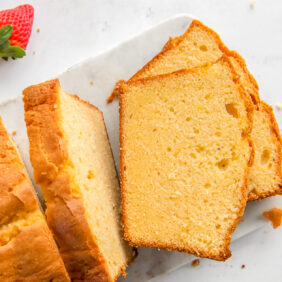 pound cake loaf with slices cut off the end facing up