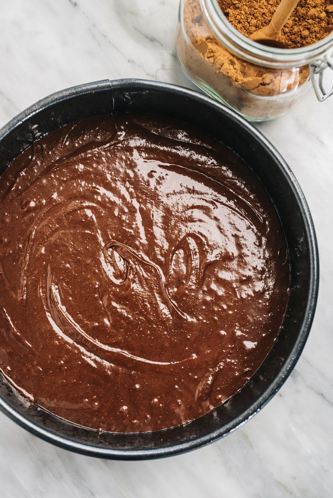 flourless chocolate cake batter in springform pan