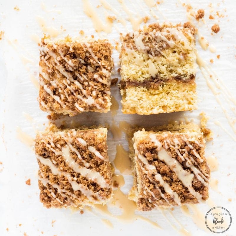 Irish cream coffee cake overhead photo crumble glaze symmetrical