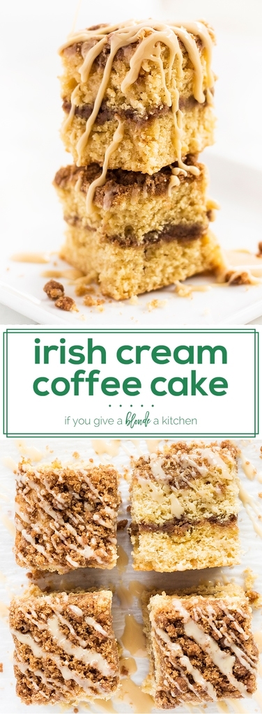 Irish cream coffee cake is the best breakfast treat for St. Patrick's day. The cake is spiked with Bailey's Irish cream. The recipe also calls for sour cream, which makes a moist and tender crumb. To top it all off, the brown sugar crumble has a drizzle of Irish cream icing! | www.ifyougiveablondeakitchen.com