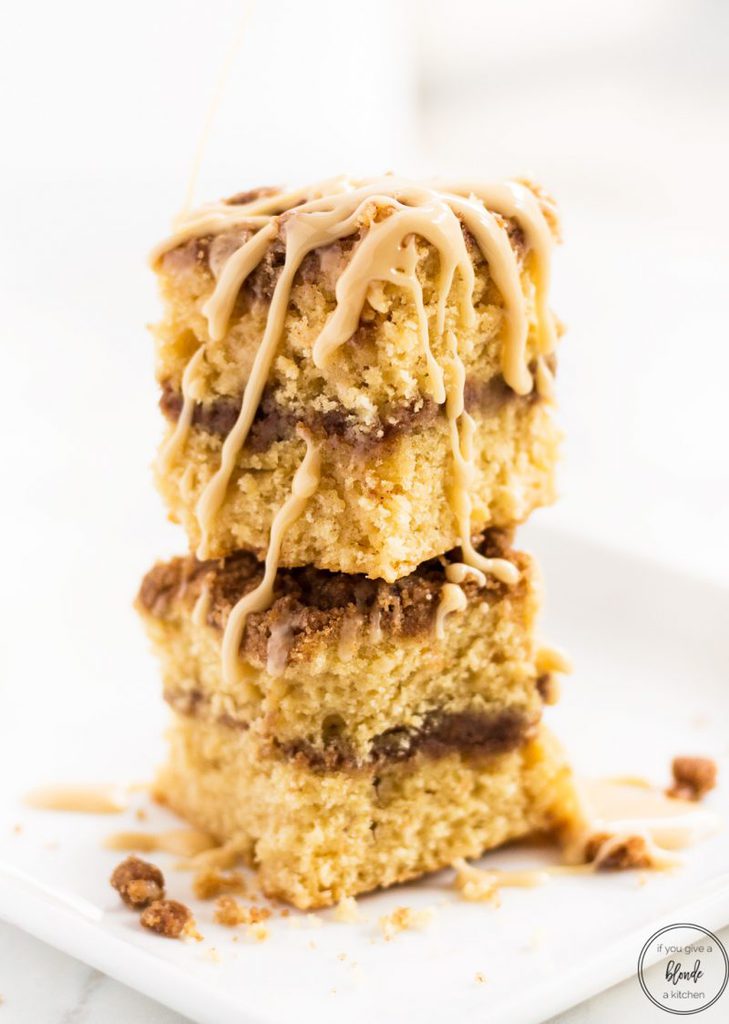 Irish cream coffee cake slices stacked with glaze