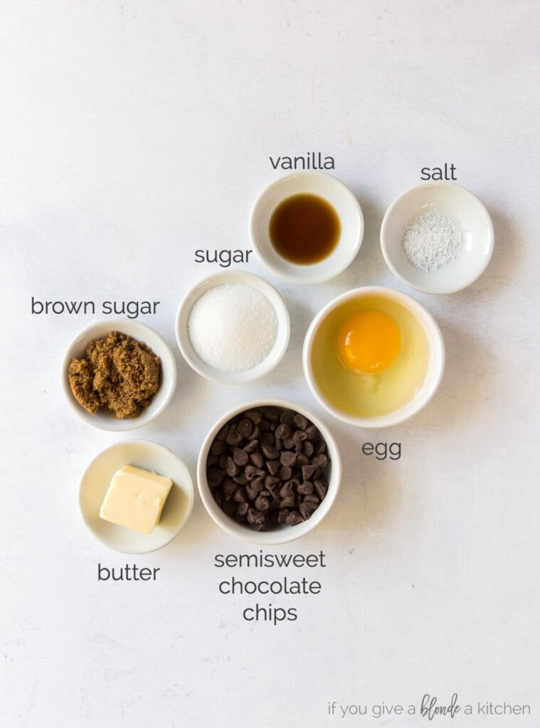 mini flourless chocolate cake ingredients in bowls  labeled 