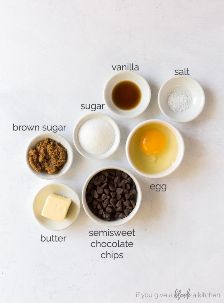 mini flourless chocolate cake ingredients in bowls labeled