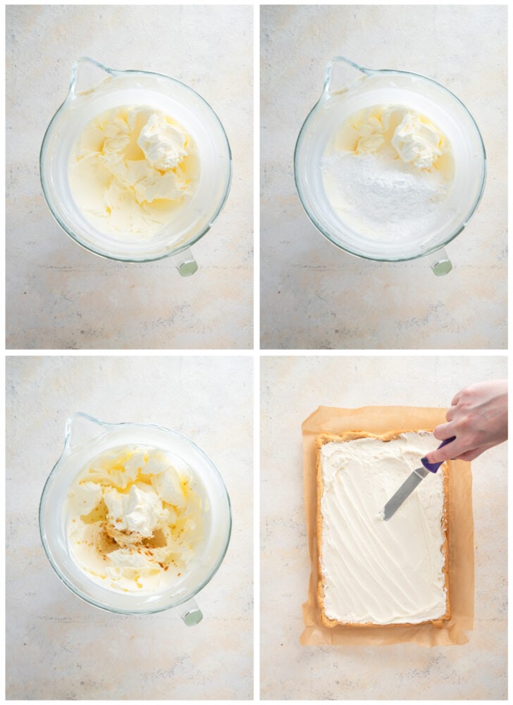 photo collage demonstrating how to make frosting for sugar cookie bars