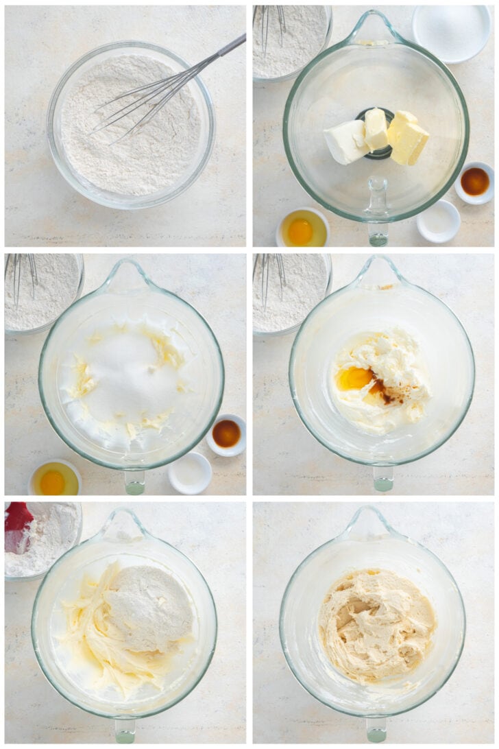 photo collage demonstrating how to make sugar cookie bar dough in the bowl of a stand mixer