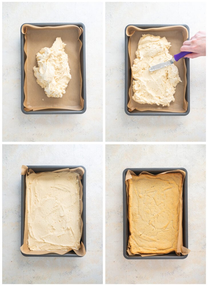 photo collage demonstrating how to add sugar cookie dough to a 9x13 pan