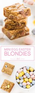 Mini egg Easter blondies are an easy dessert to make this spring. Stir in milk chocolate Cadbury mini eggs for an Easter surprise! The recipe calls for melted butter and brown sugar for a chewy and flavorful bar. | www.ifyougiveablondeakitchen.com