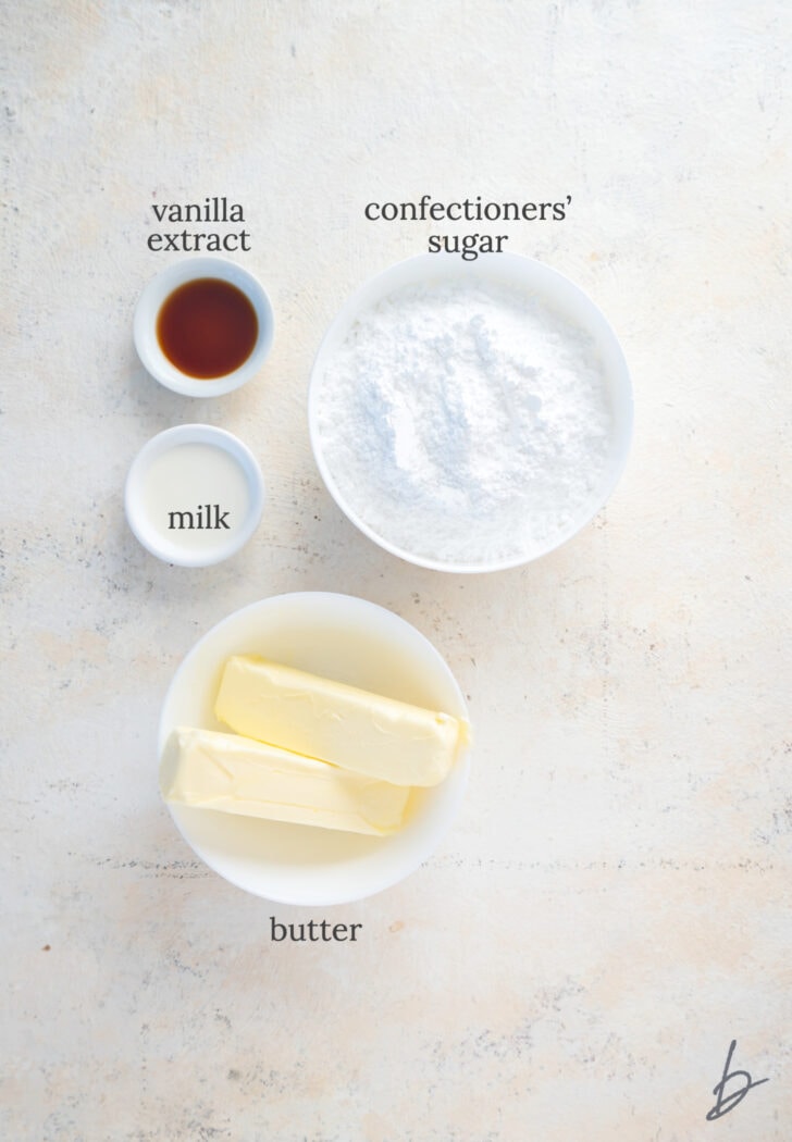 sugar cookie bar frosting ingredients in bowls labeled with text