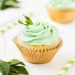 Kentucky Derby Mint Julep Cupcakes with gold cupcake liner and mint green frosting
