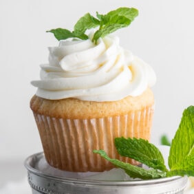 mint julep cupcake with frosting and mint leaf garnish for kentucky derby