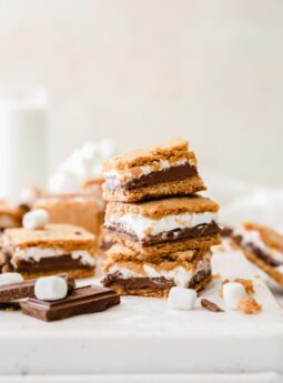 stack of three smores bars with layers of marshmallow creme and chocolate