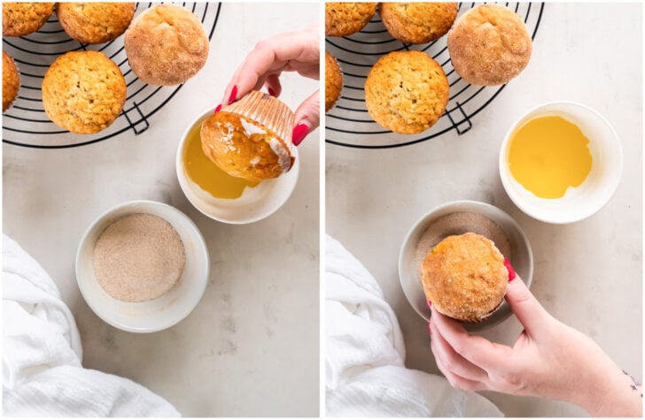 two photo collage demonstrating how to dip tops of banana muffins in melted butter and cinnamon sugar