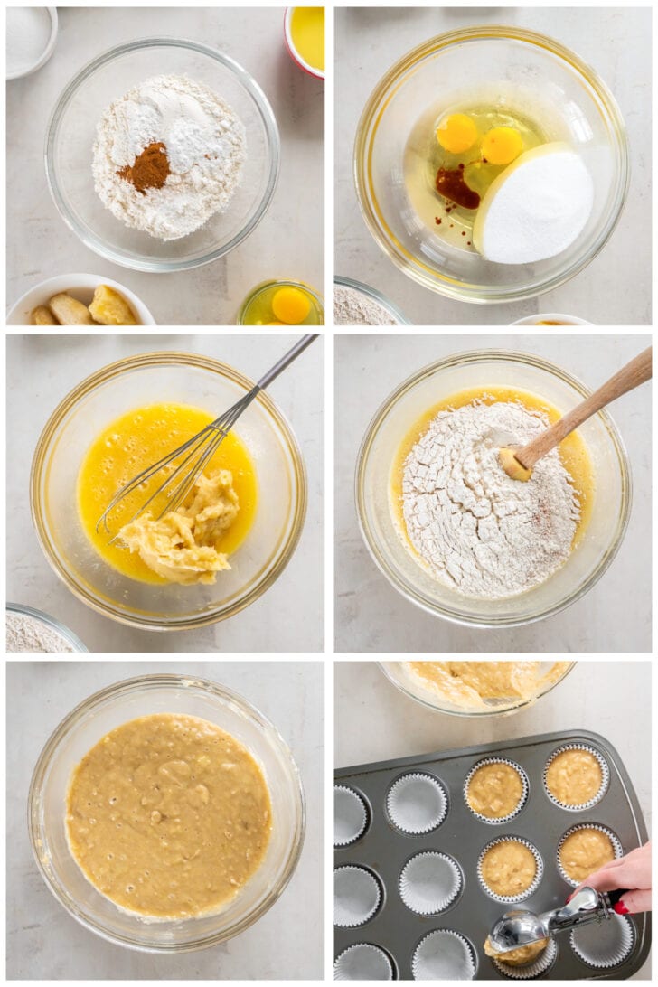 photo collage demonstrating how to make banana cinnamon muffins in a mixing bowl and muffin tin