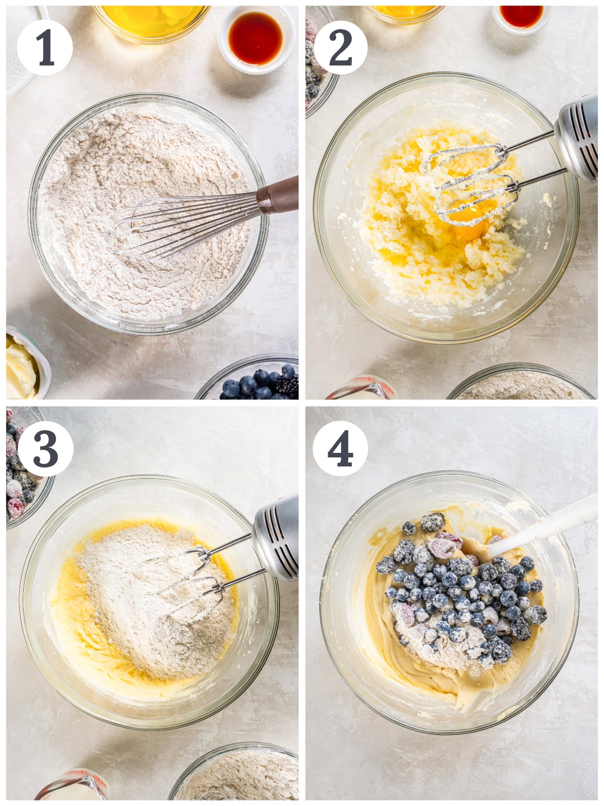 photo collage demonstrating how to make mixed berry pound cake batter in a mixing bowl using a hand mixer.