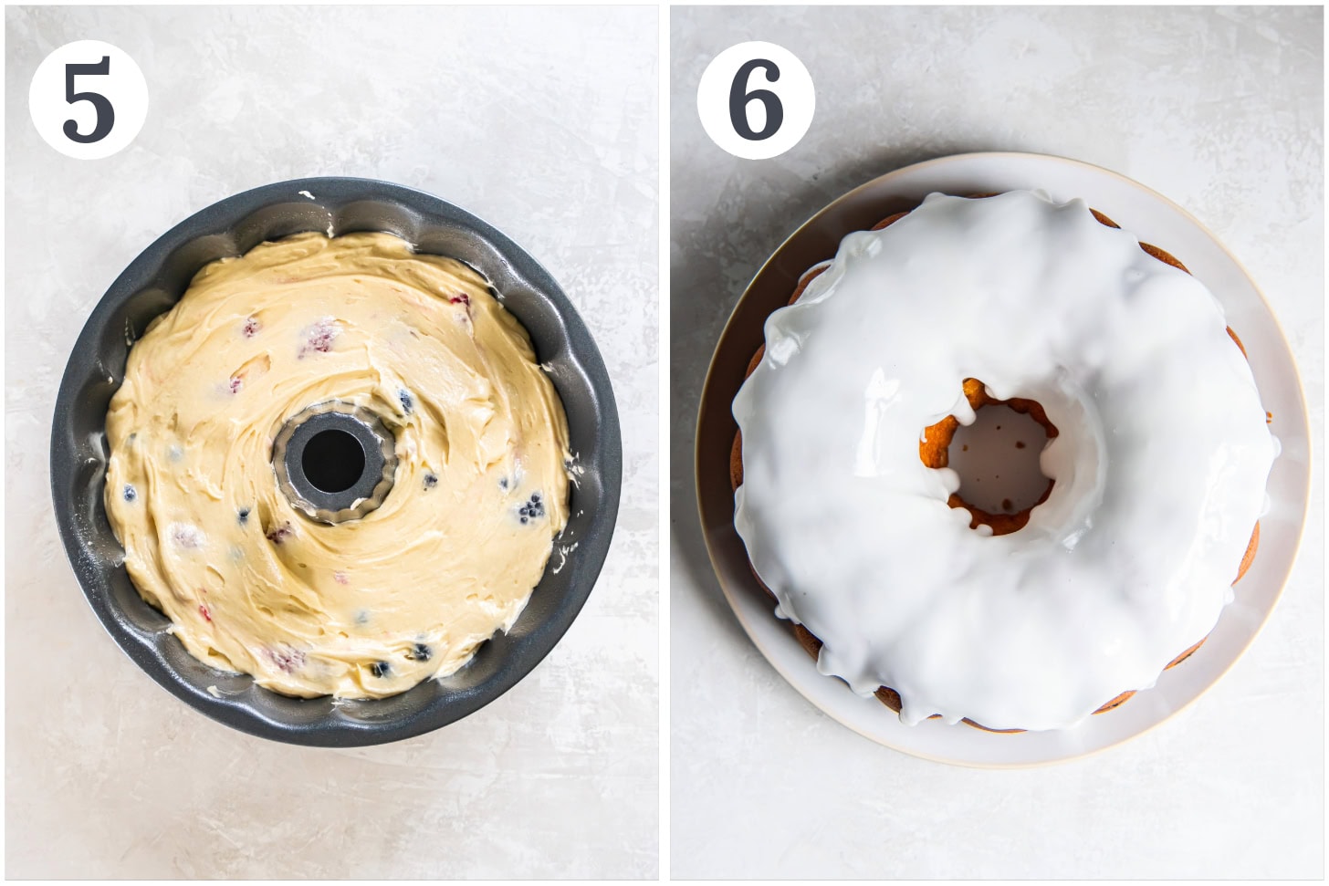 photo collage demonstrating how to make berry pound cake in a bundt pan and top the cake with lemon icing.
