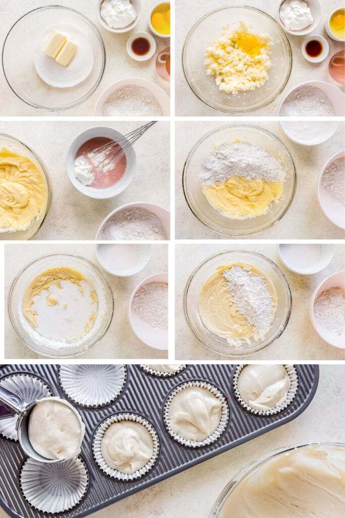 photo collage demonstrating how to make moscato cupcakes