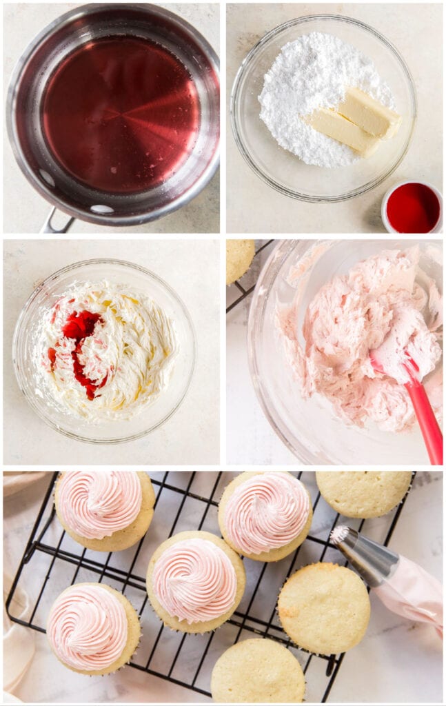 photo collage demonstrating how to make pink moscato frosting