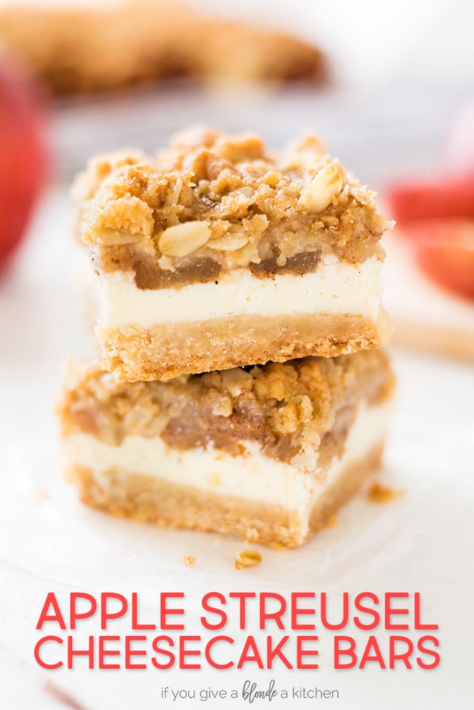 Apple cheesecake bars are layered with shortbread crust, cheesecake filling, sliced apples and cinnamon streusel topping. This dessert recipe is perfect for fall harvest! | www.ifyougiveablondeakitchen.com
