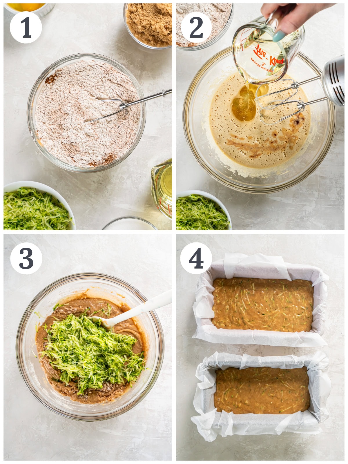 photo collage demonstrating how to make cinnamon zucchini bread in a mixing bowl and two loaf pans.