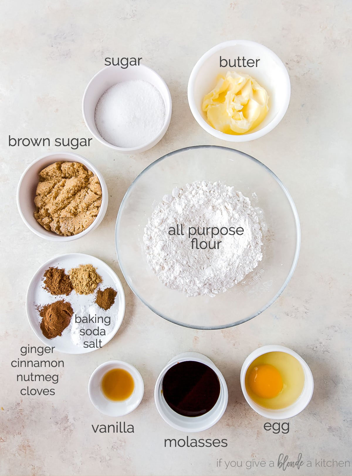 Ginger molasses cookie ingredients in bowls labeled with text.