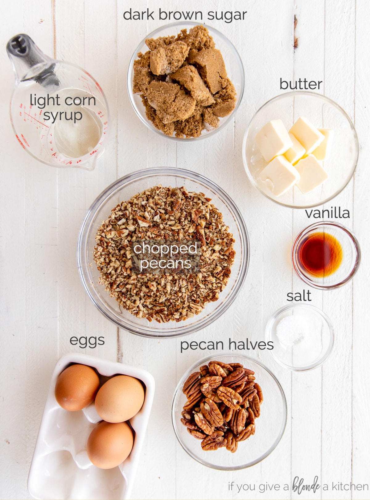 pecan pie ingredients in bowls labeled with text