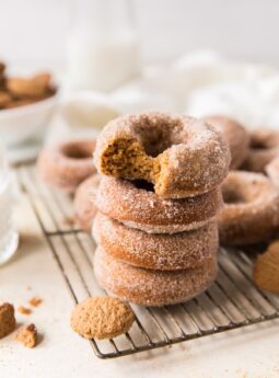 Stack of four gingerbread donuts on wire rack; top donut with a bite taken out