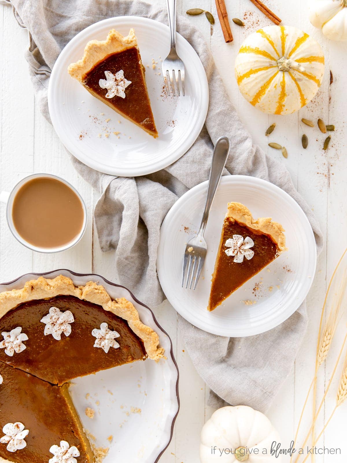 pumpkin pie slices on round plates with forks next to pie plate with remaining pie