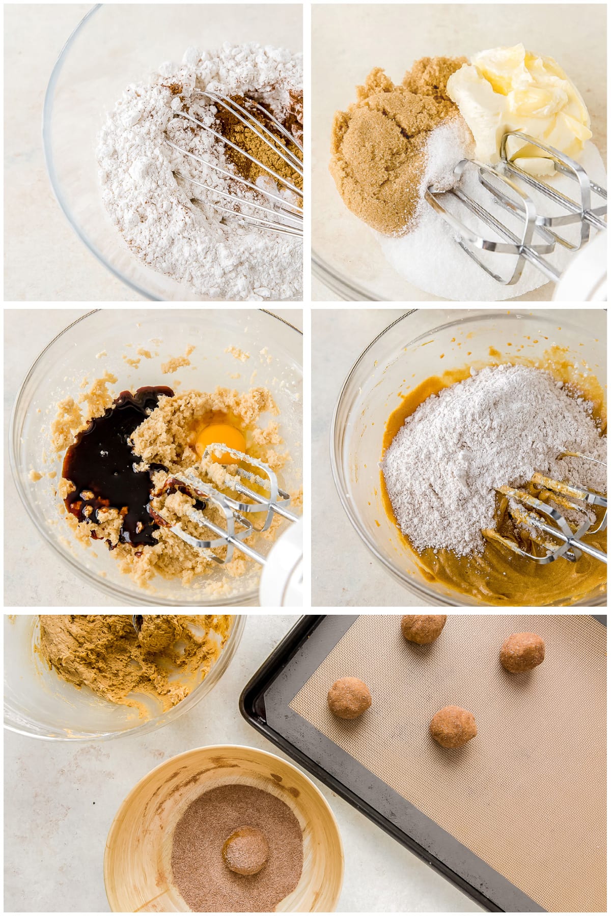 photo collage demonstrating how to make ginger molasses cookies in a mixing bowl with hand mixer