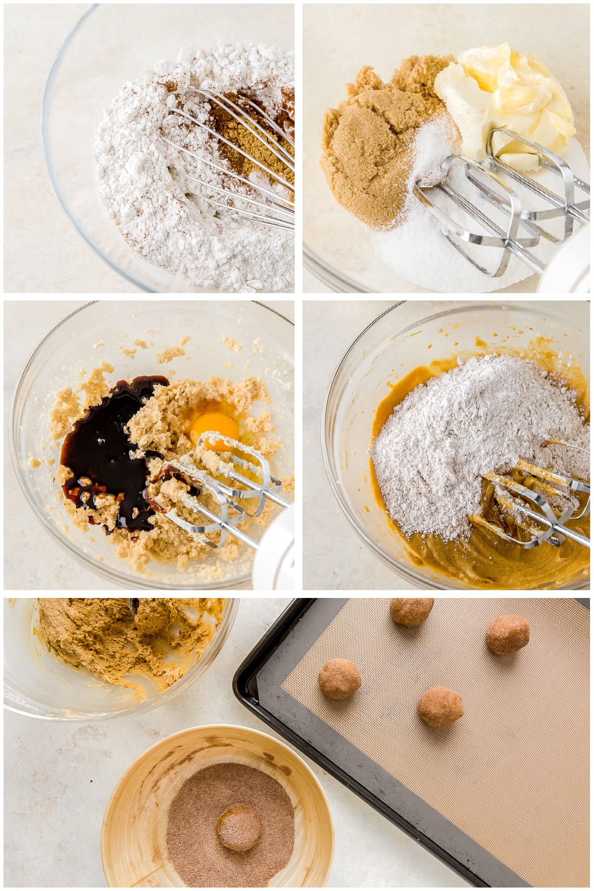 Photo collage demonstrating how to make ginger molasses cookies in a mixing bowl with hand mixer.