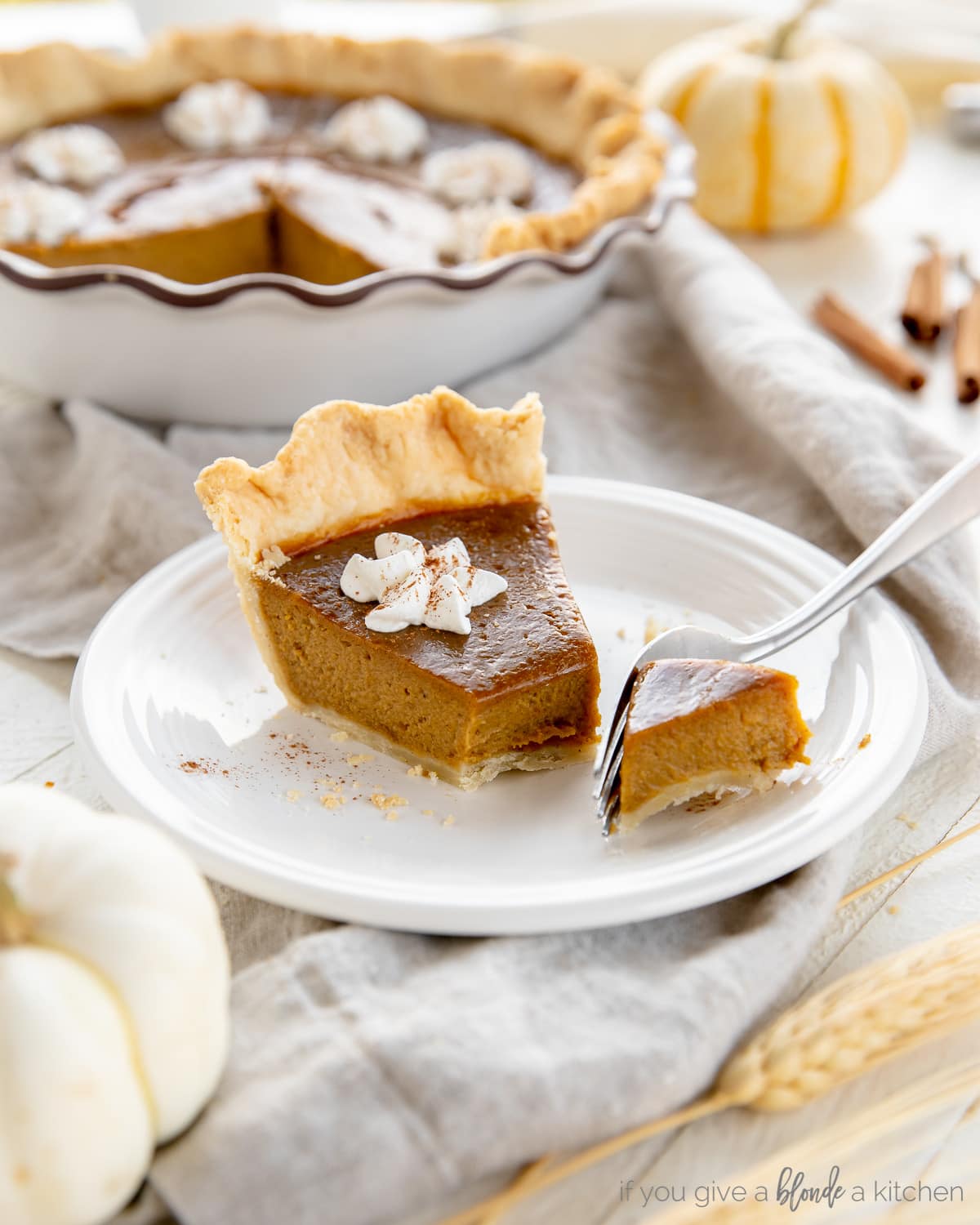slice of pumpkin pie on plate with fork taking a bite.