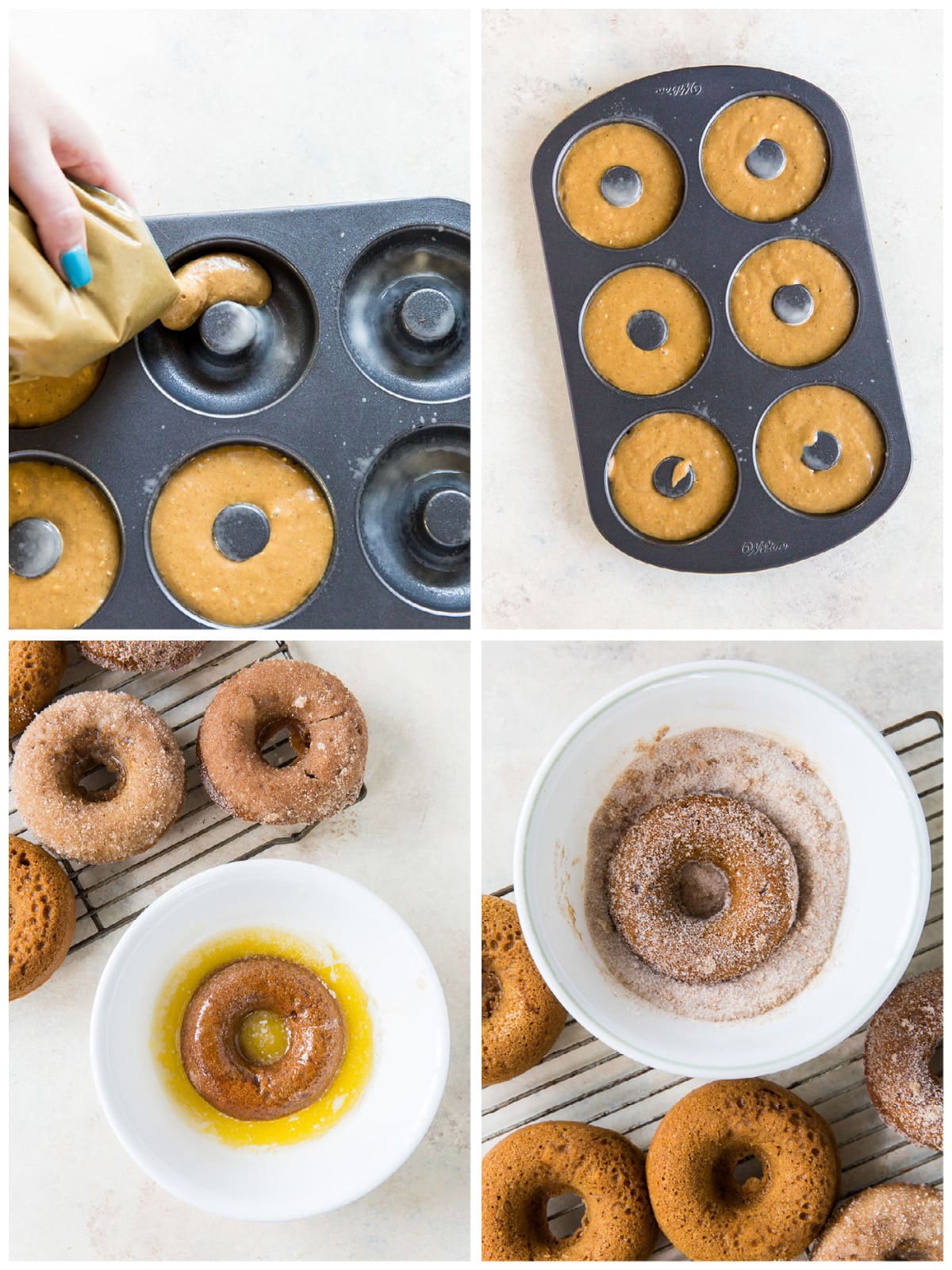 photo collage demonstrating how to make donuts in donut tin and coat donuts in cinnamon sugar