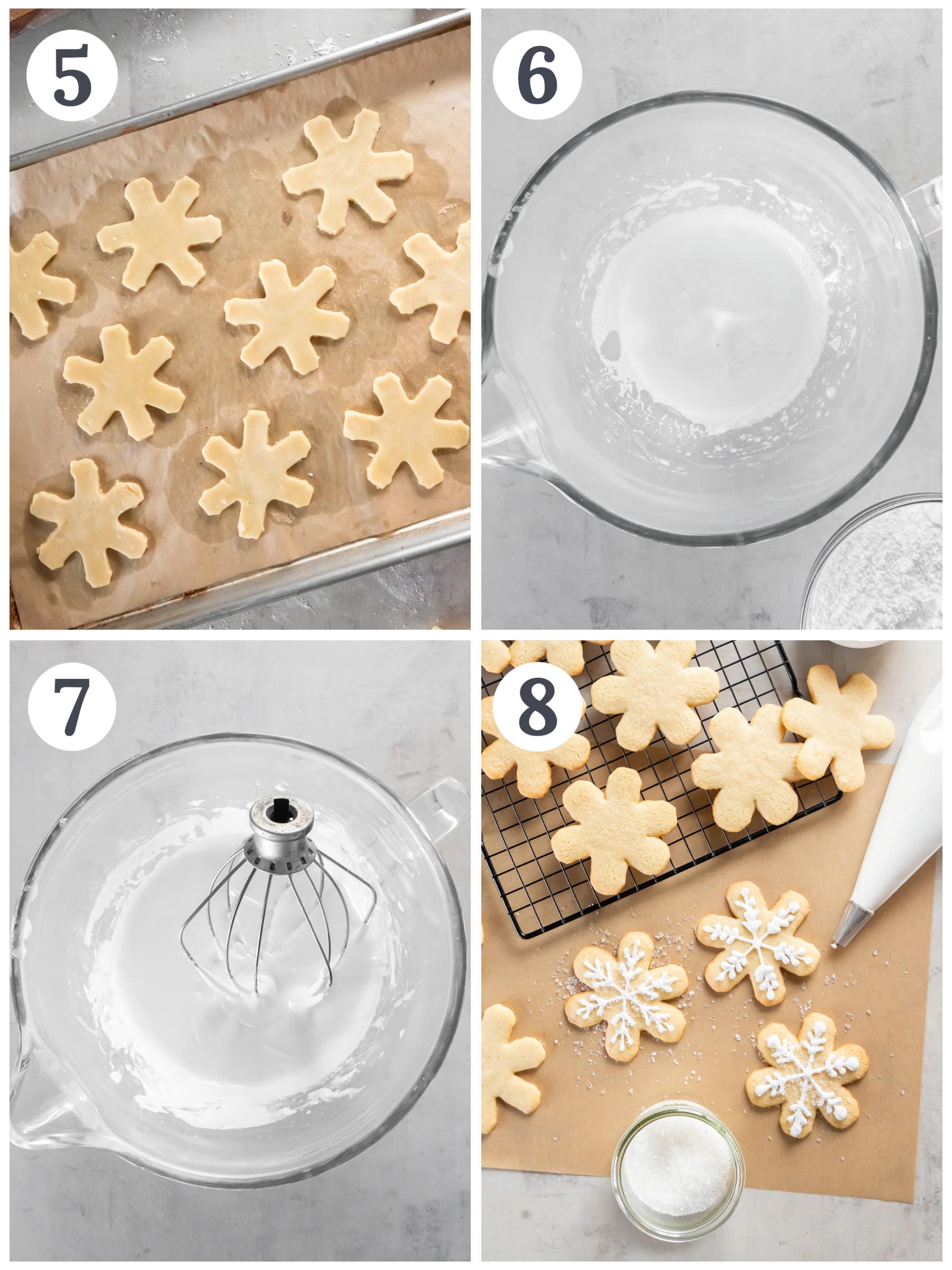 photo collage demonstrating how to make royal icing to decorate snowflake sugar cookies.
