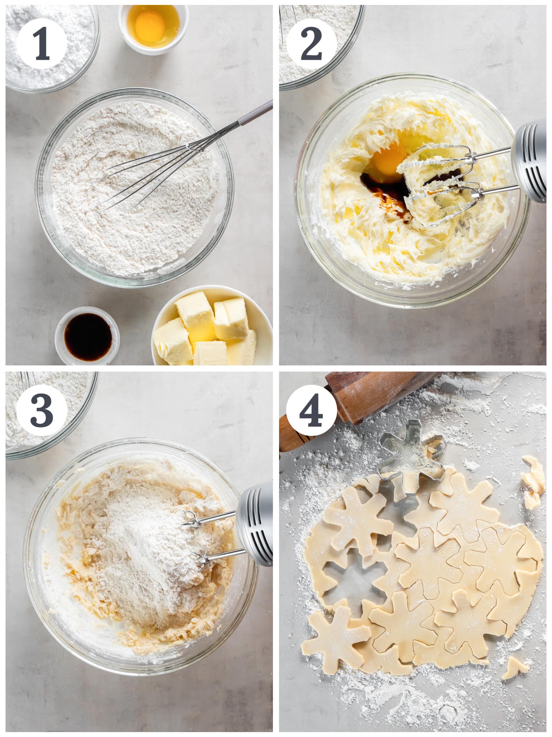 photo collage demonstrating how to make sugar cookie dough in a mixing bowl.