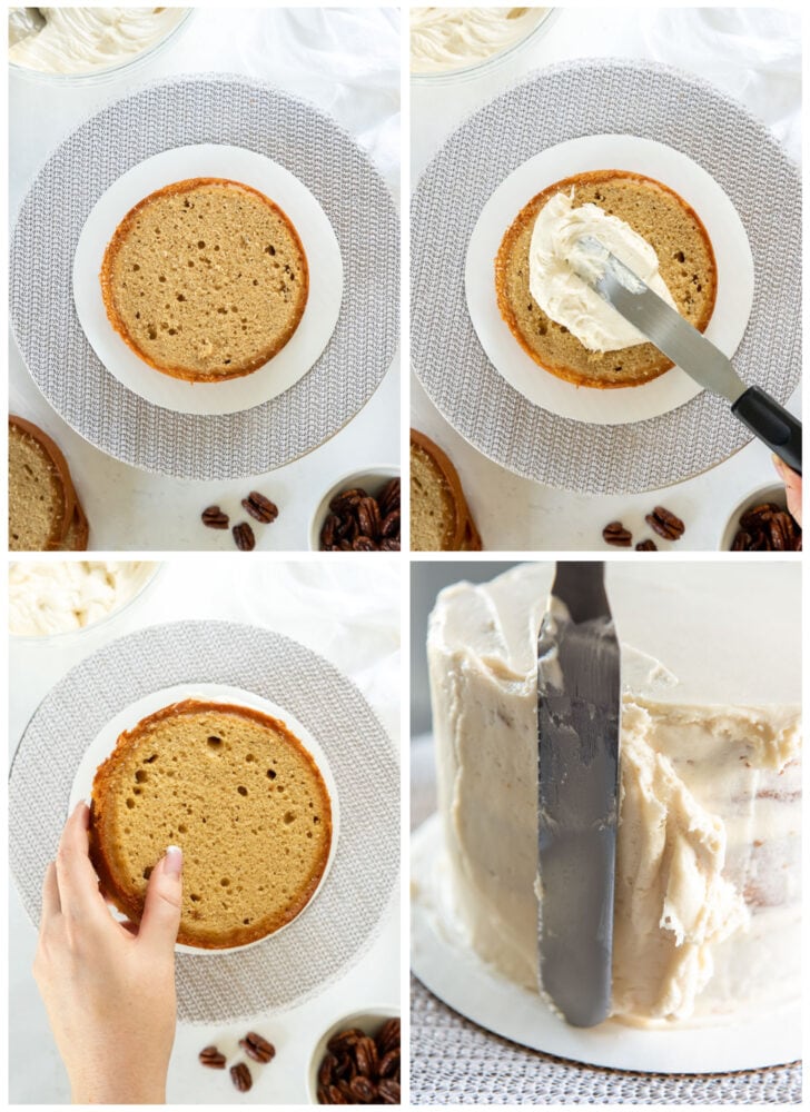 photo collage demonstrating how to frost and layer a maple cake