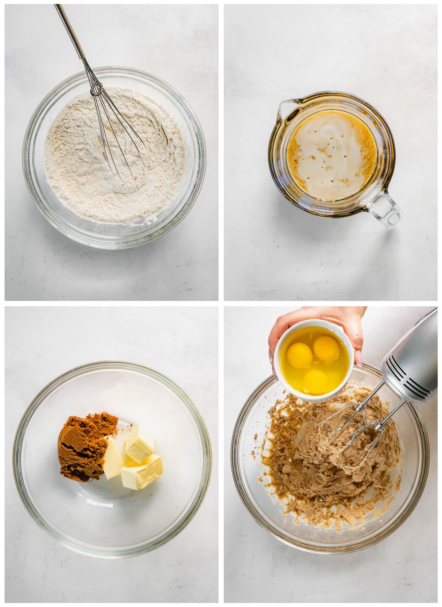 photo collage demonstrating how to make maple cake batter in glass mixing bowl