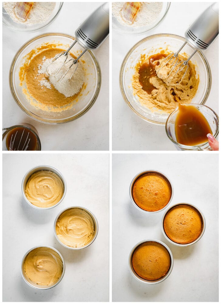 photo collage demonstrating how to make maple cake batter in glass mixing bowl and 6-inch cake pans