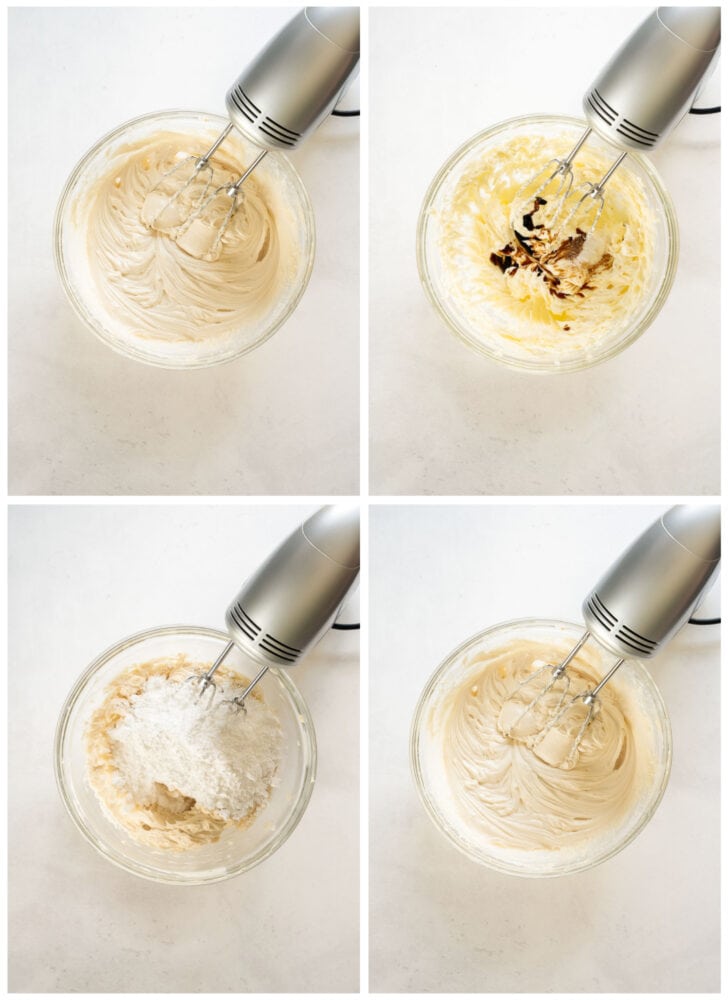 photo collage demonstrating how to make maple cream cheese frosting in a glass mixing bowl with a hand mixer