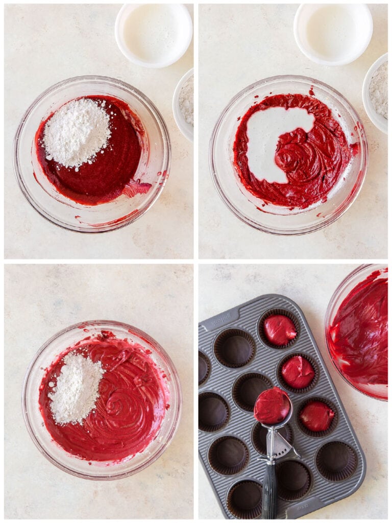 photo collage demonstrating how to alternate adding wet and dry ingredients to red velvet cupcake batter