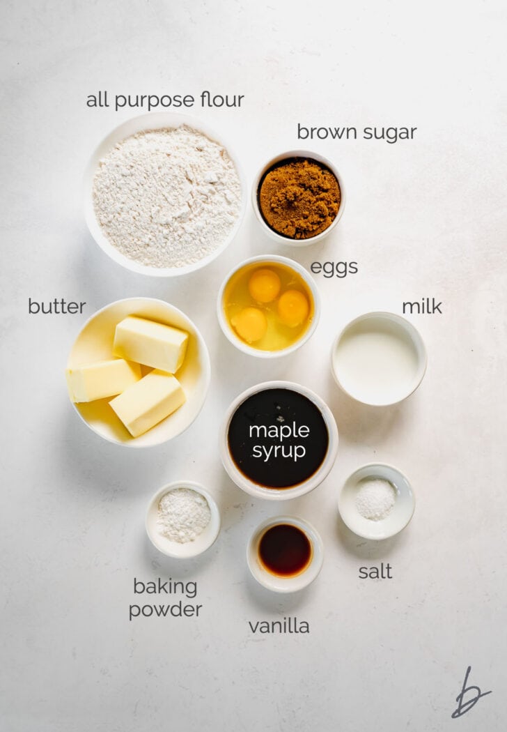 maple cake ingredients in bowls labeled with text