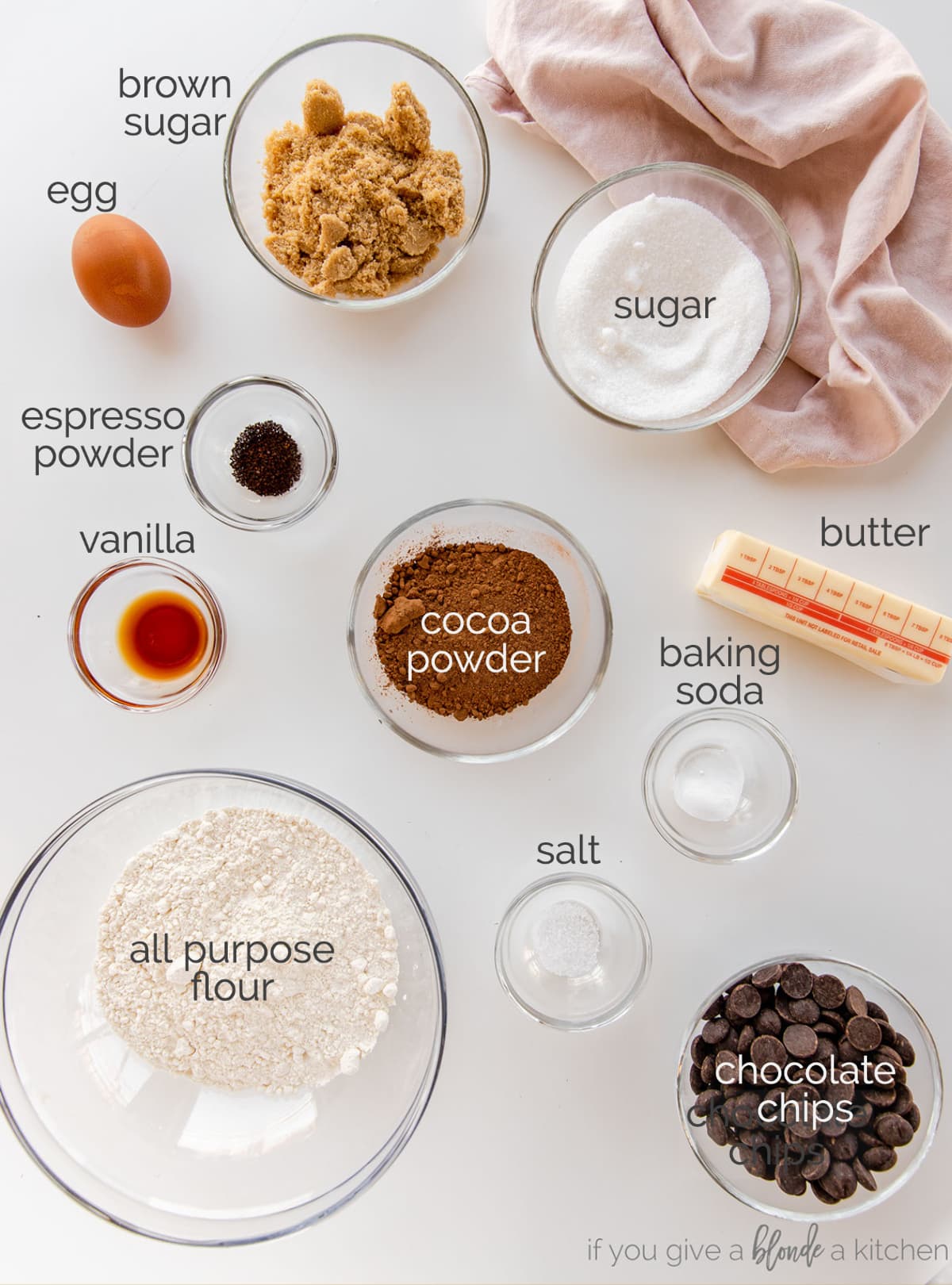 double chocolate chip cookie ingredients in bowls labeled with text