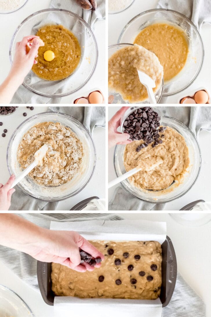 photo collage demonstrating how to make chocolate chip banana bread in a mixing bowl