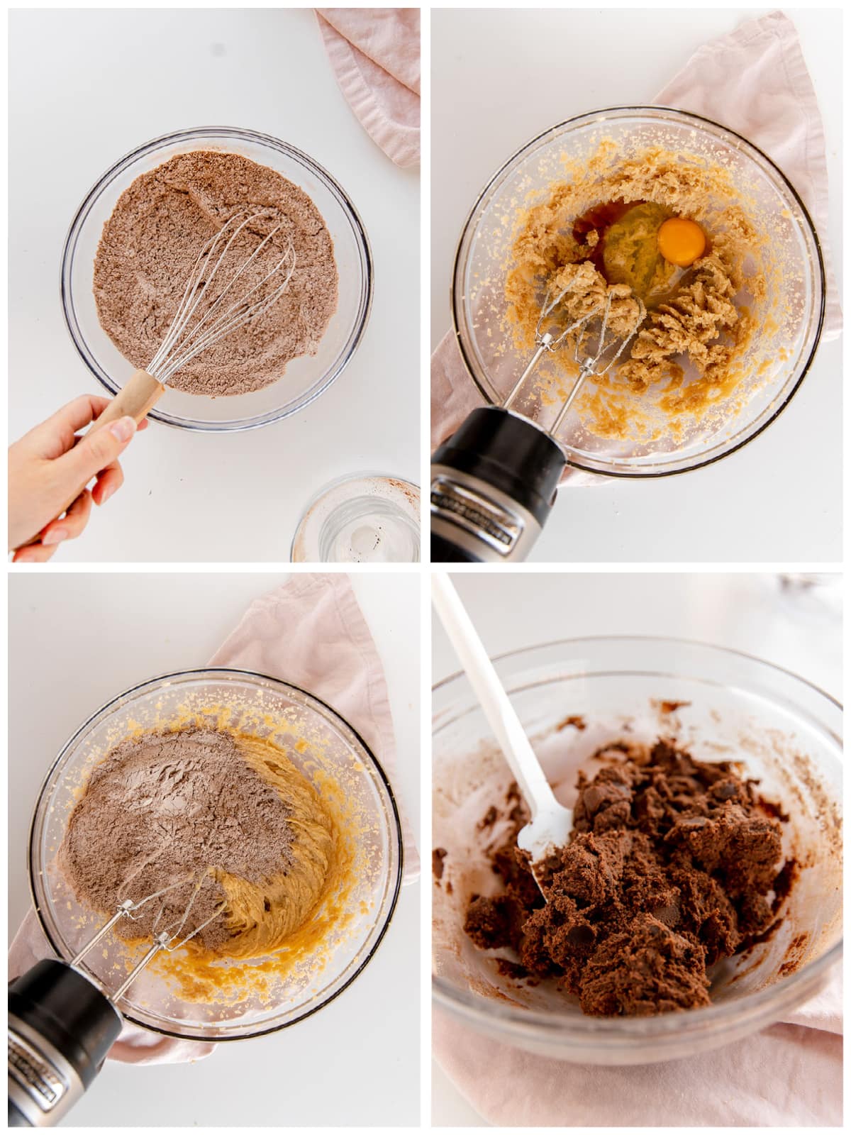 photo collage demonstrating how to make double chocolate chip cookie dough in a bowl with a hand mixer