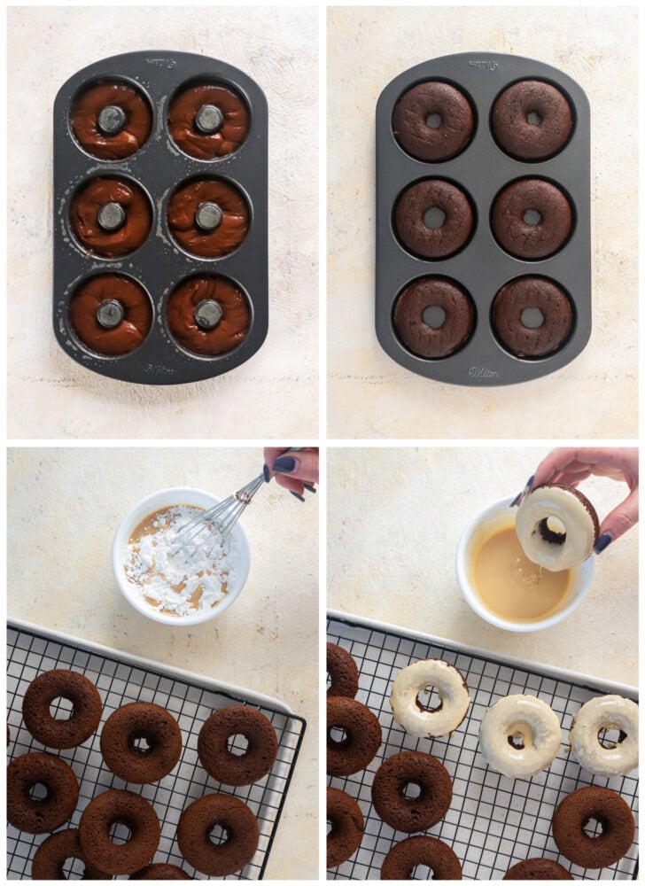 photo collage demonstrating how to make chocolate stout donuts in a donut tin an dip donuts in Bailey's glaze