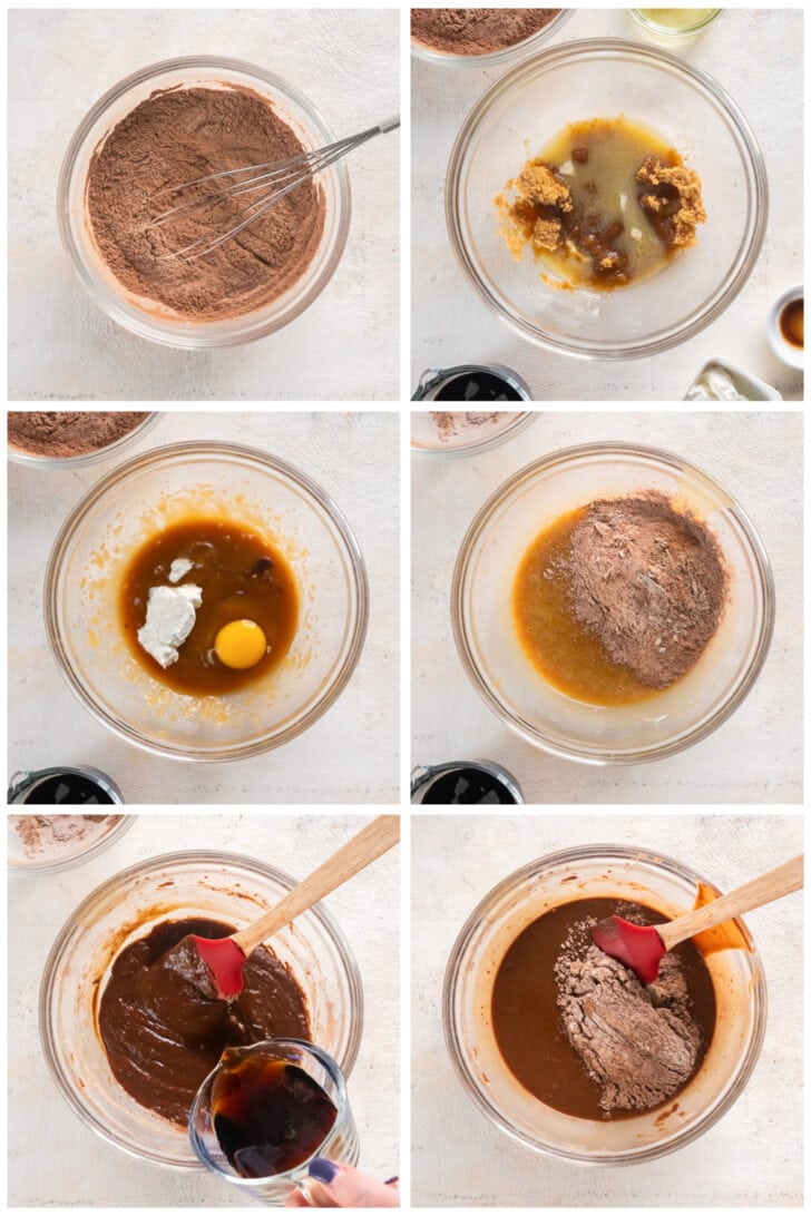 photo collage demonstrating how to make guinness donuts in a mixing bowl