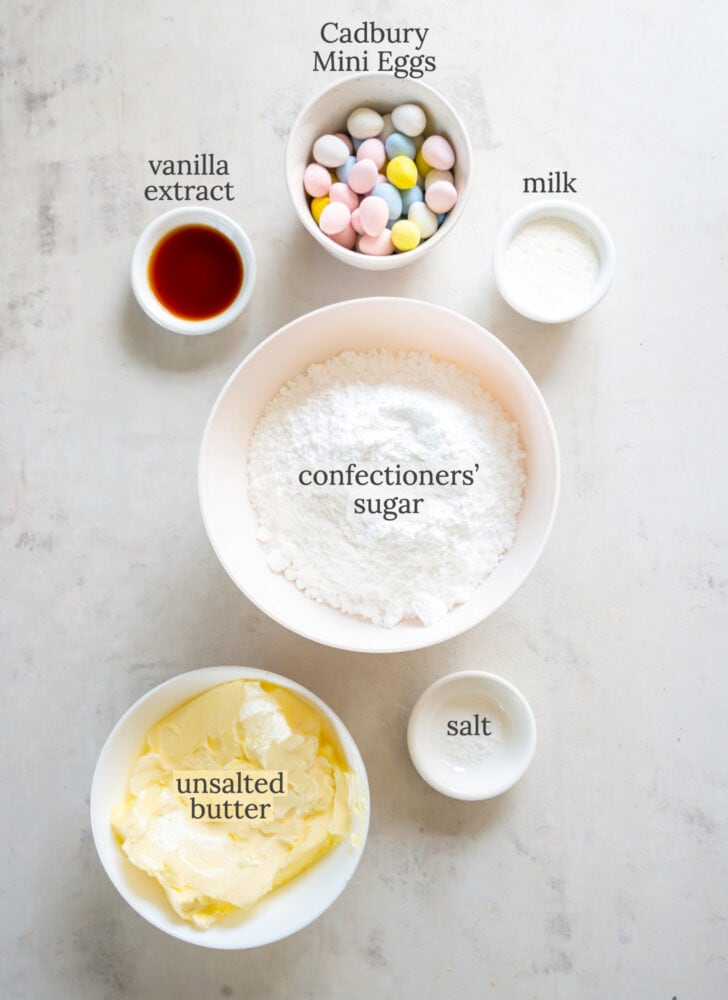 cadbury mini egg buttercream frosting ingredients in bowls labeled with text