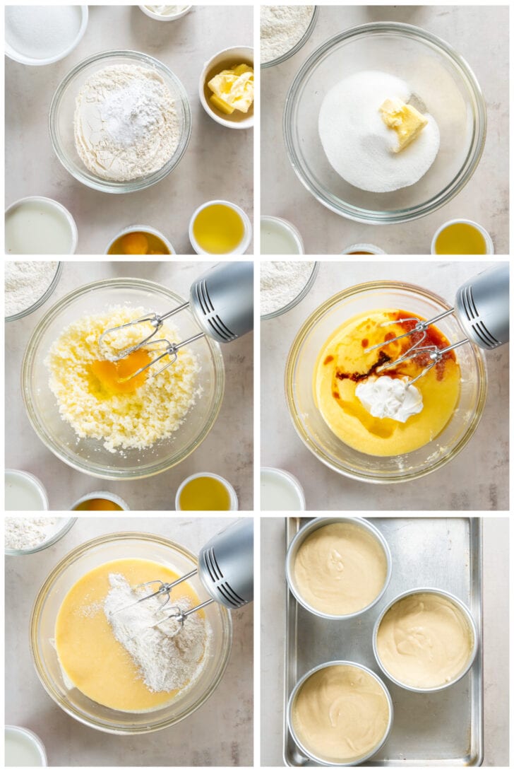 photo collage demonstrating how to make vanilla cake batter for cadbury mini egg cake