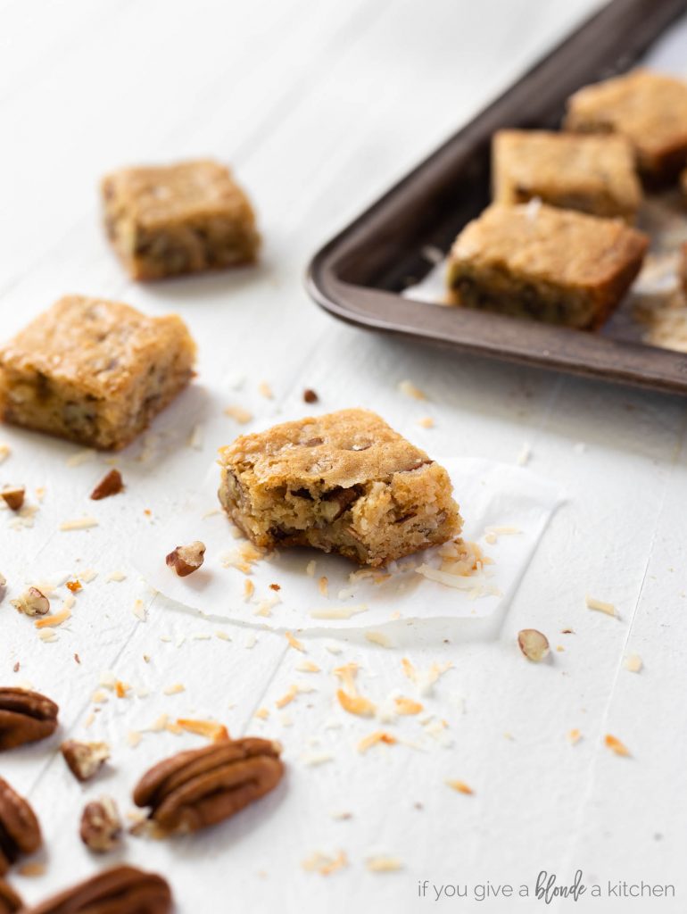 pecan coconut blondies with bite, cookie sheet with square bars