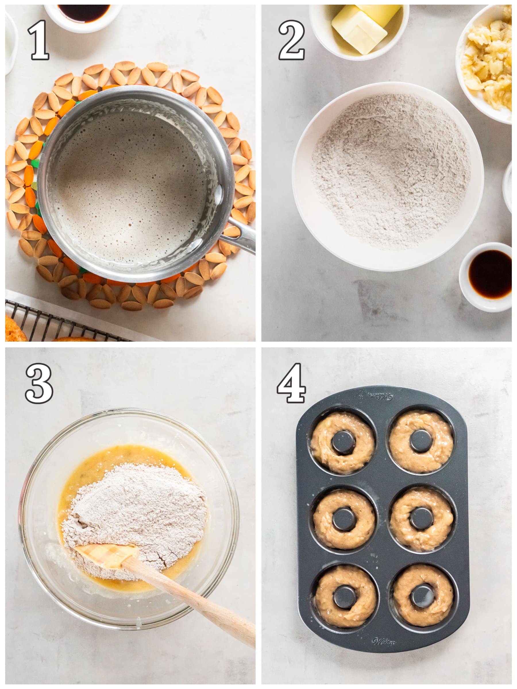 photo collage demonstrating how to make banana donuts in a mixing bowl and donut tin.
